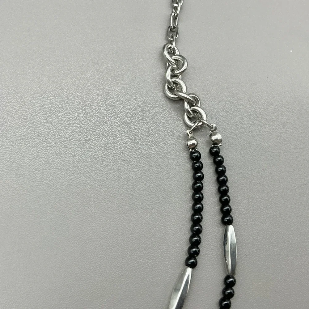 Chicos Beaded Layered Necklace Black Silver Tone Green Multi Strand Statement